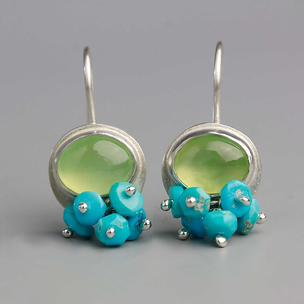 Prehnite Dangle Earrings With Turquoise Clusters By Wendy Stauffer