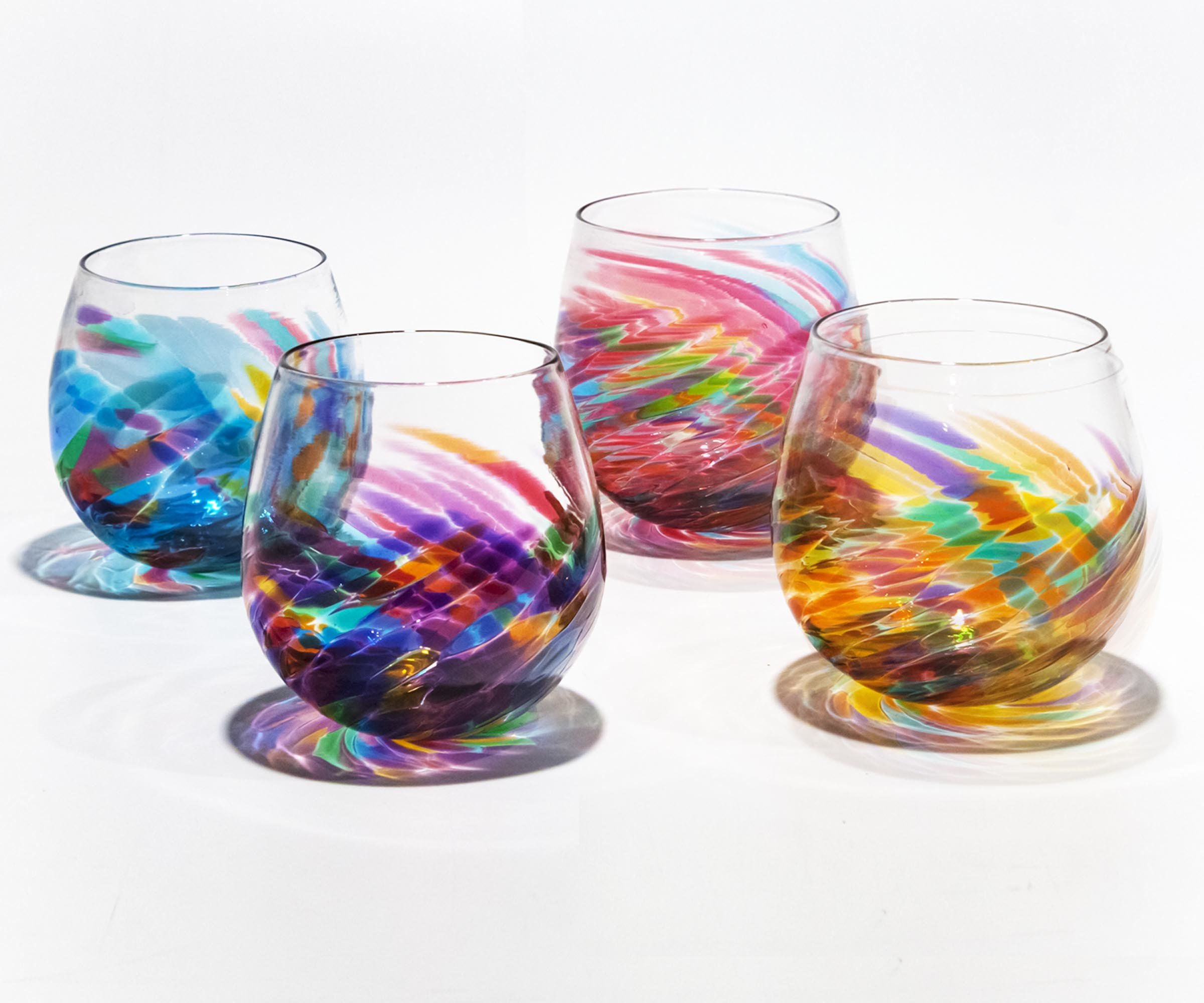 Vortex Stemless Wine Glasses In Jewel Tones By Michael Trimpol And Monique Lajeunesse Art Glass