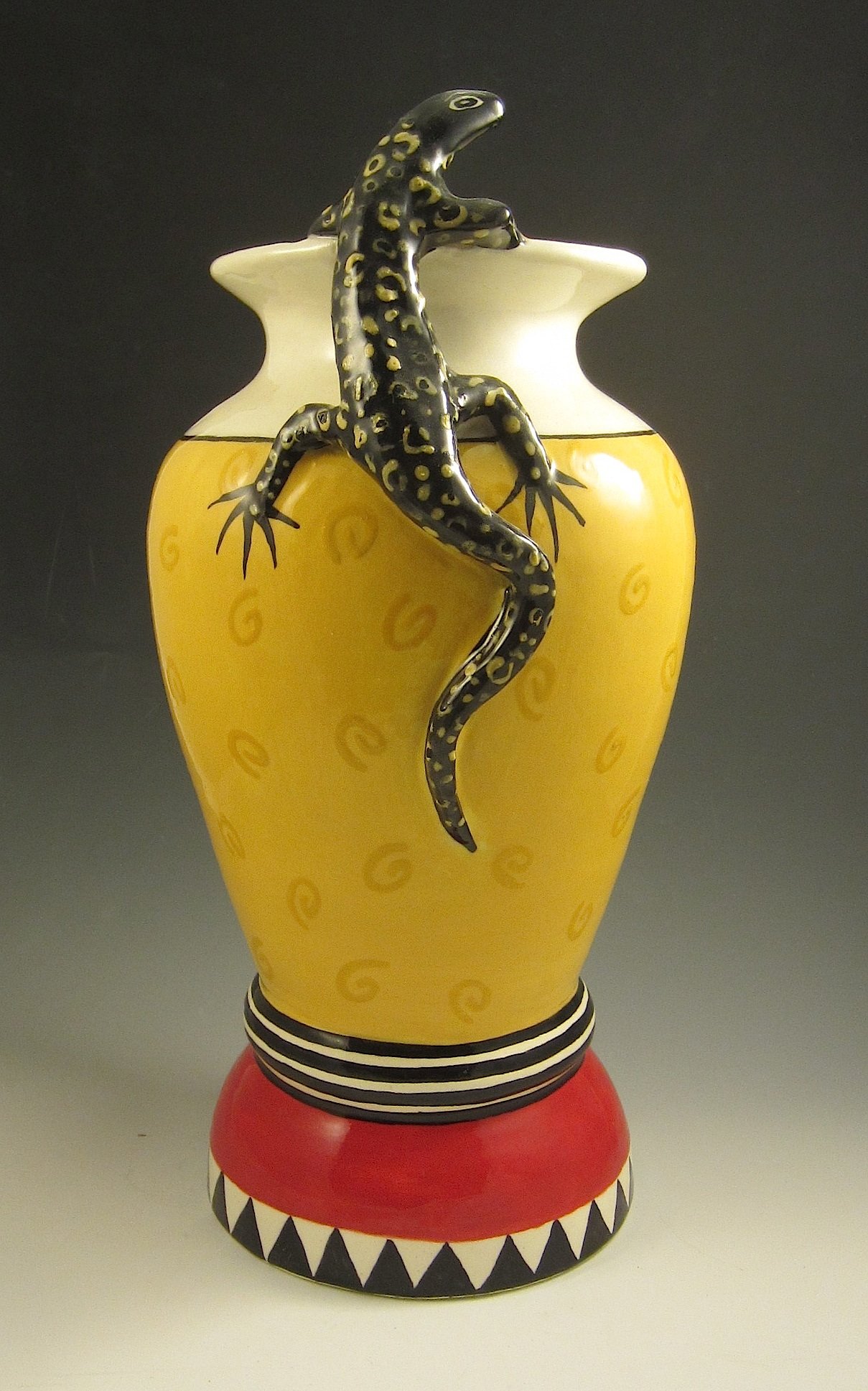 Red And Yellow Swirl Vase With Black Lizard By Lisa Scroggins