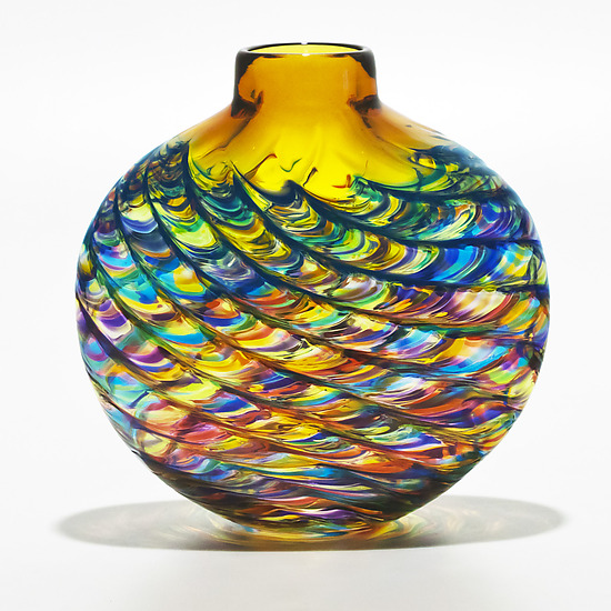 Optic Rib Flat Vase In Lime Mix With Topaz By Michael Trimpol And Monique Lajeunesse Art Glass