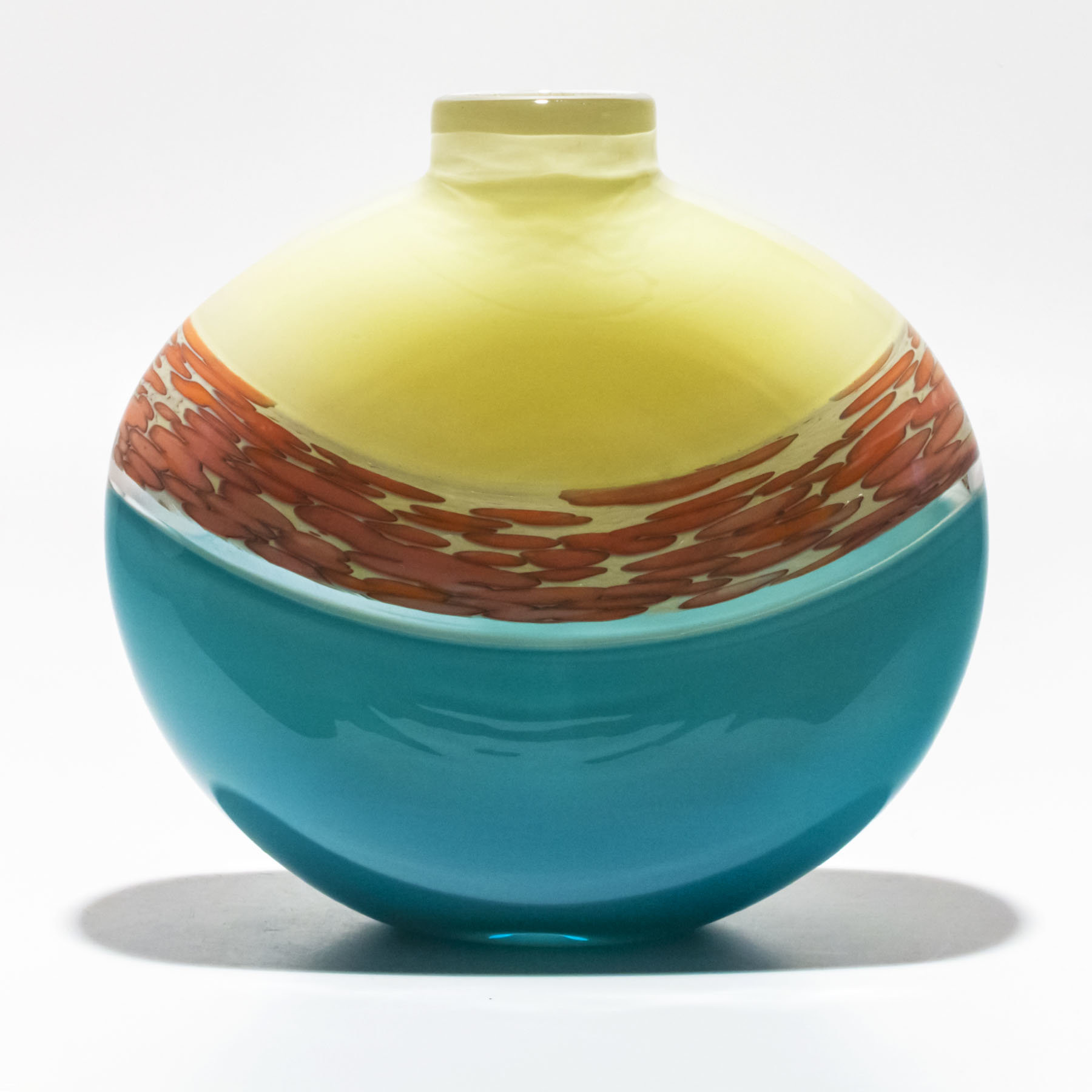 Spotted Banded Flat Vase In Vanilla And Turquoise With Salmon Spots On Vanilla By Michael