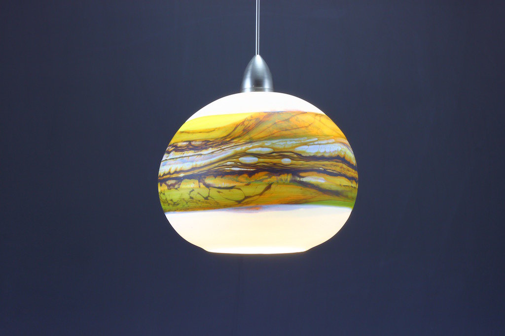 Round Strata Pendant In White Opal With Lime By Danielle Blade And Stephen Gartner Art Glass