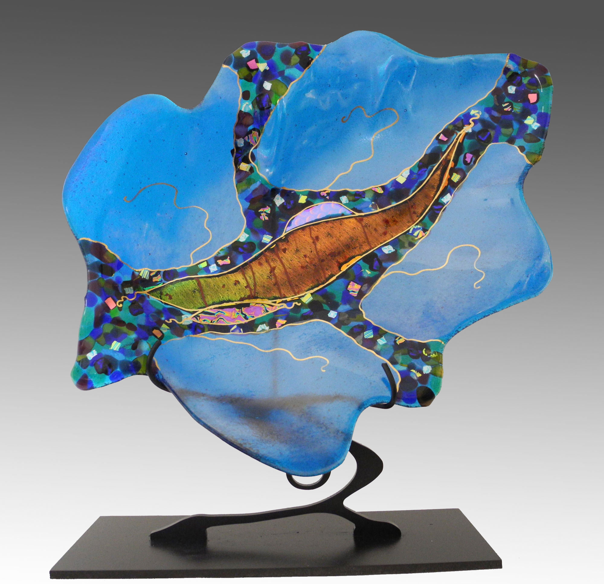 Large Turquoise Leaf On Stand By Karen Ehart Art Glass Sculpture