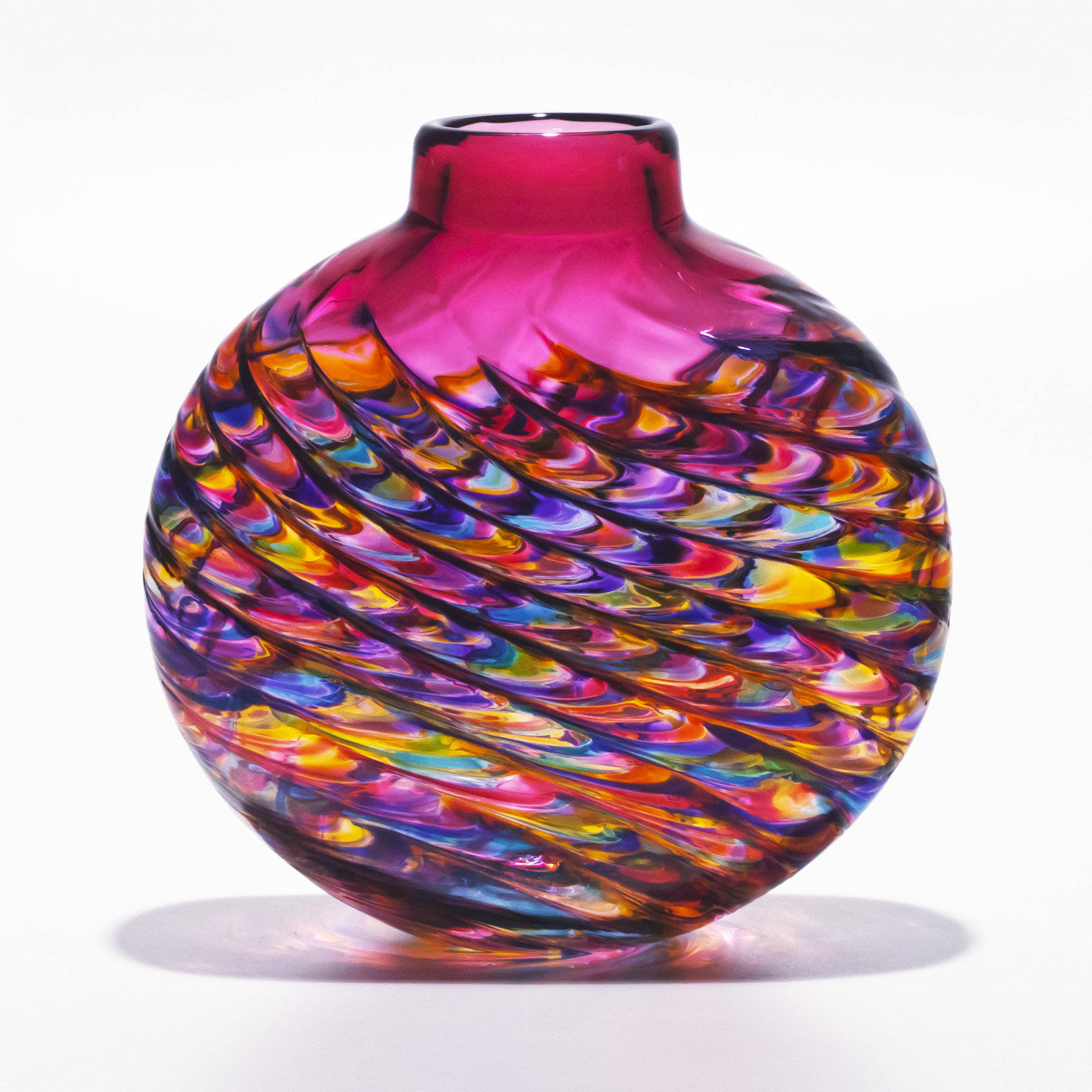 Optic Rib Flat Jewel With Strawberry By Michael Trimpol And Monique Lajeunesse Art Glass Vase