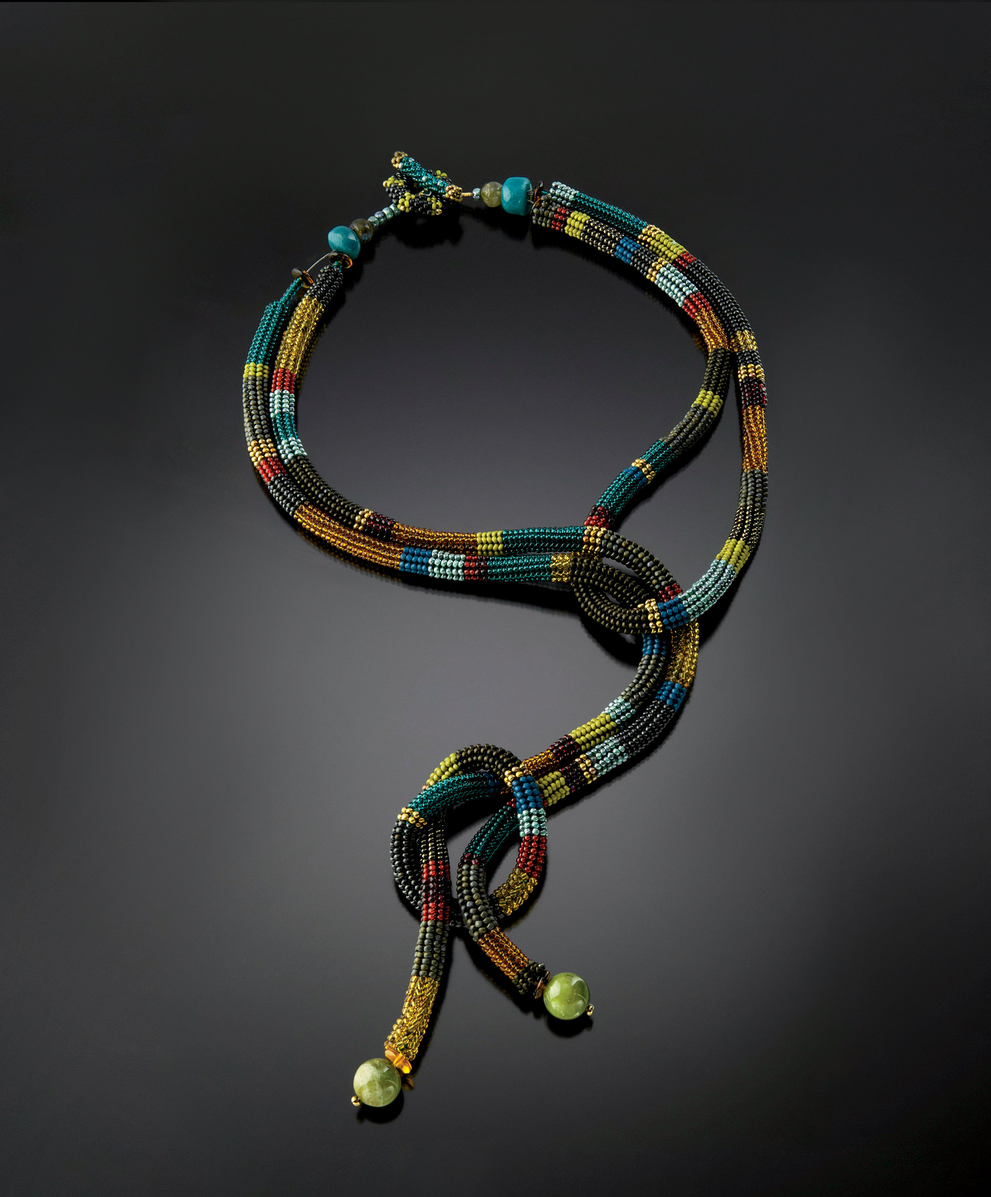 Knotted Rope Necklace- Teal, Amber, Olive by Julie Powell (Beaded