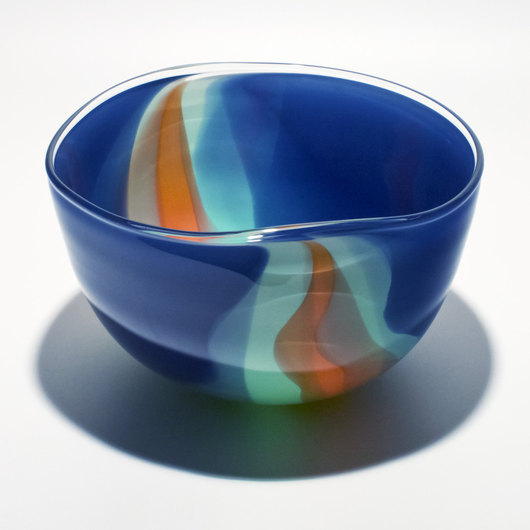 Opaque Ribbon Bowl In Steel Celedon And Salmon By Michael Trimpol And Monique Lajeunesse Art