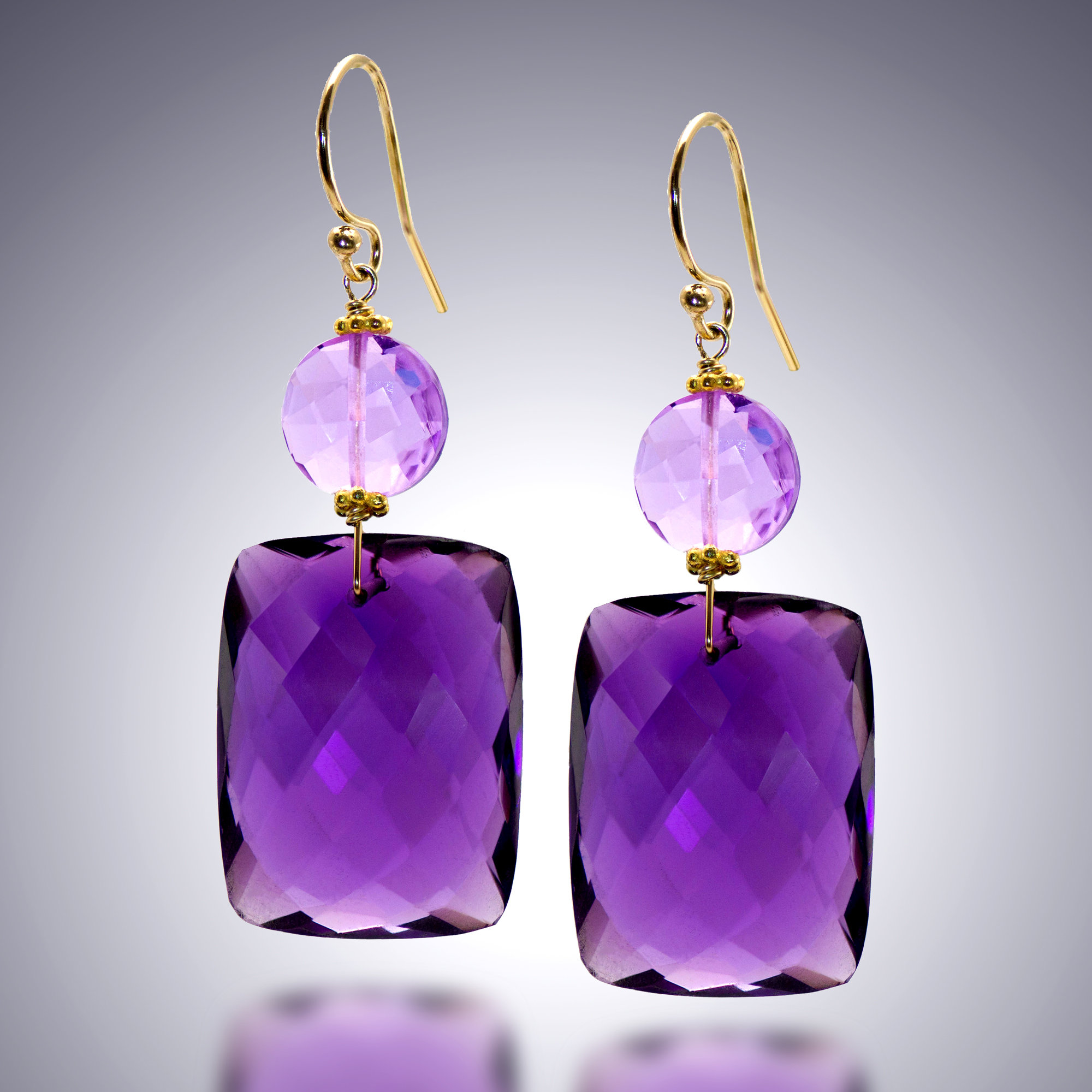 Amethyst and Pink Amethyst Earrings by Judy Bliss (Gold & Stone