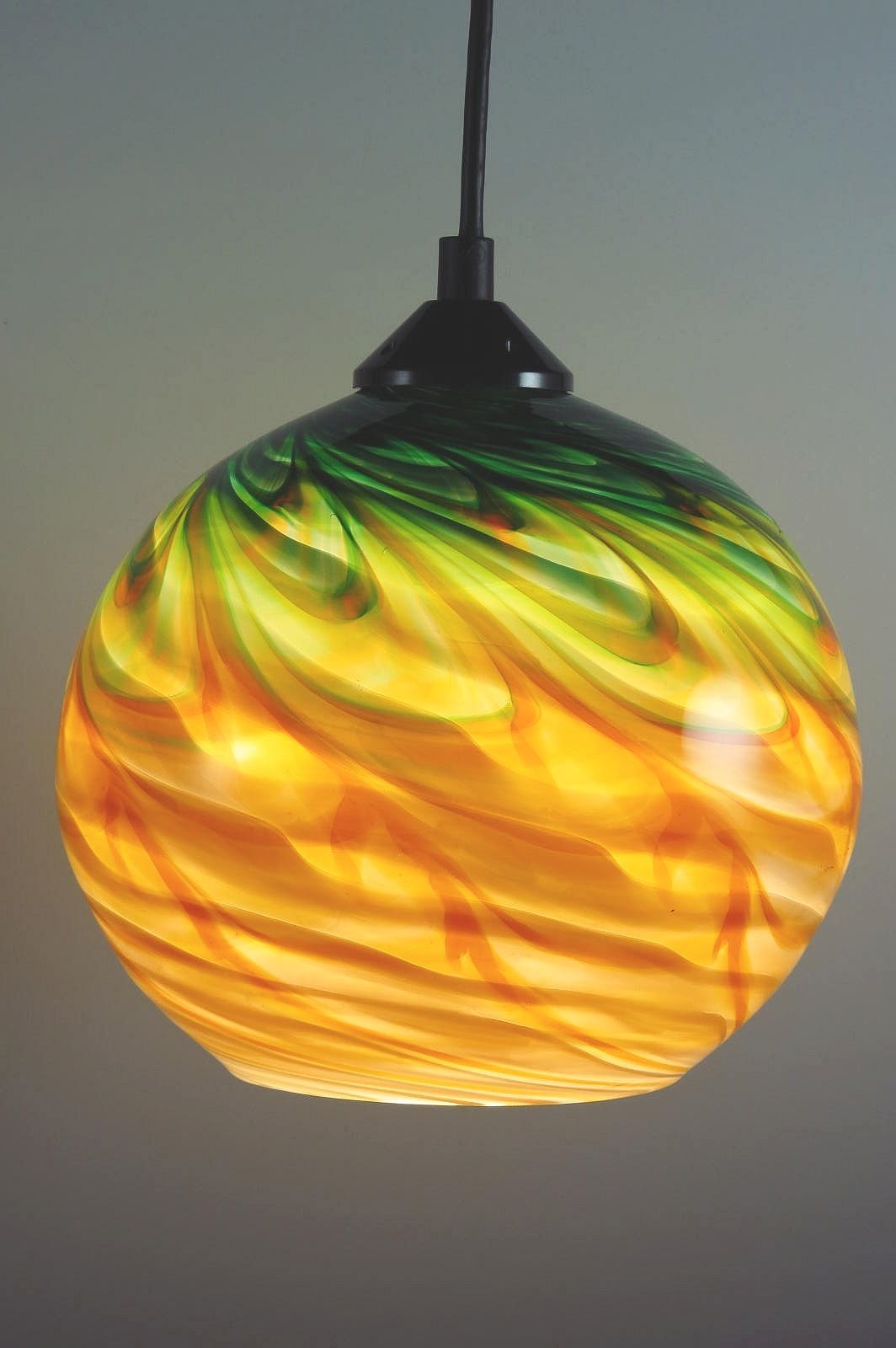 Gold and Green Optic Globe Pendant by Mark Rosenbaum (Art Glass Pendant